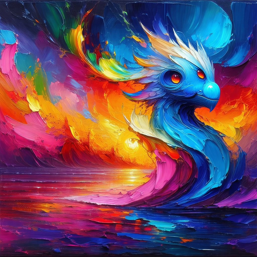 Colorful painting of a dragon, with its head and neck pro...