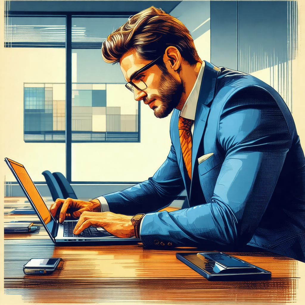 Man wearing a suit and tie, sitting at a desk and working...