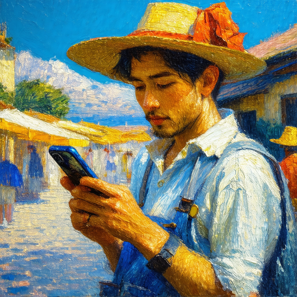 Man wearing a straw hat, standing on a street and looking...