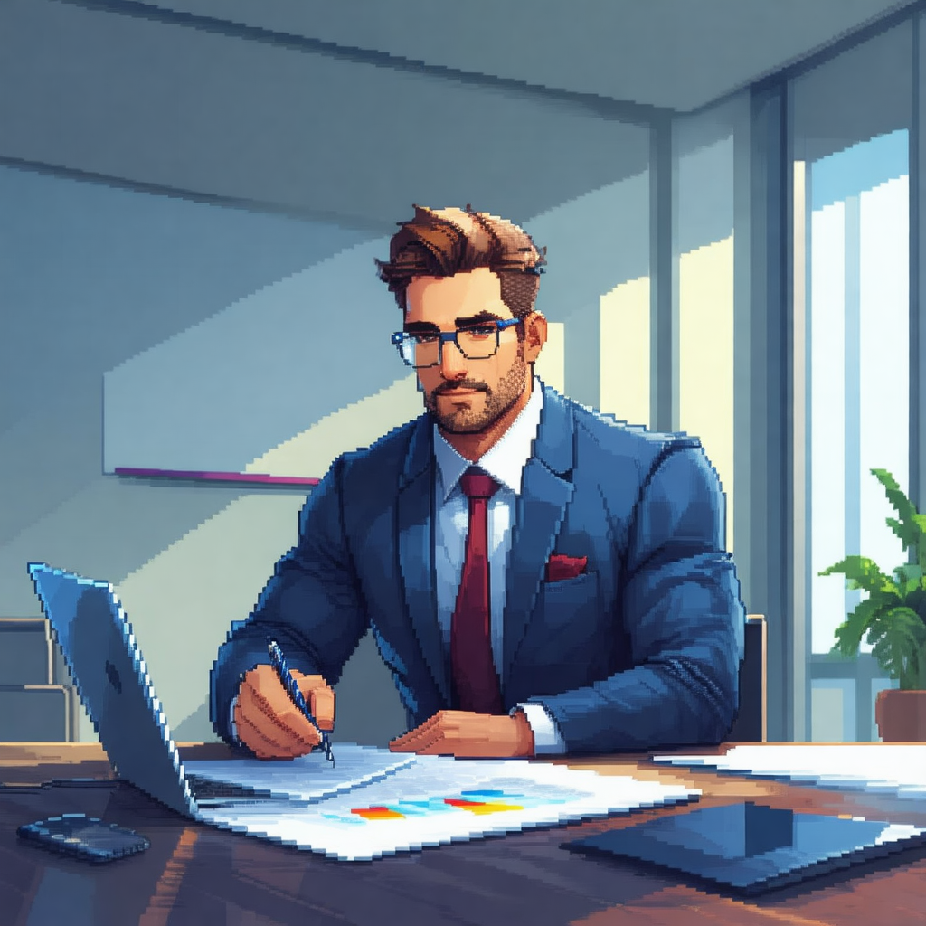 Cartoon-like drawing of a man wearing a suit and tie, sit...