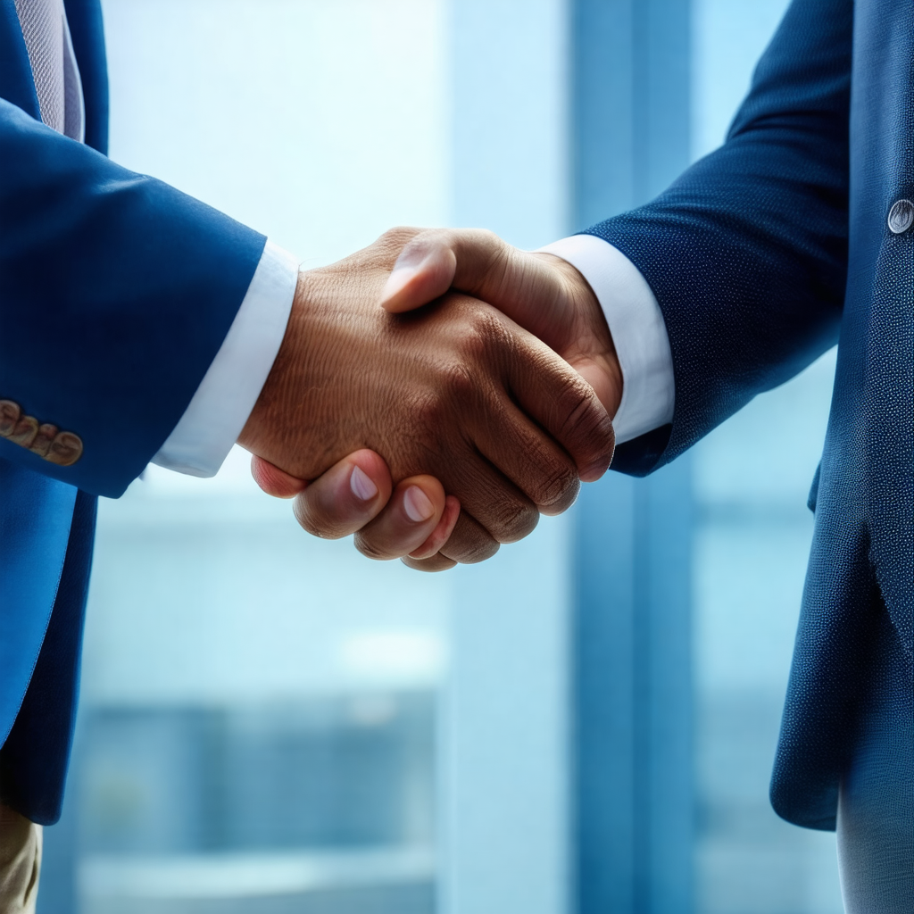 Two men are shaking hands in a professional setting