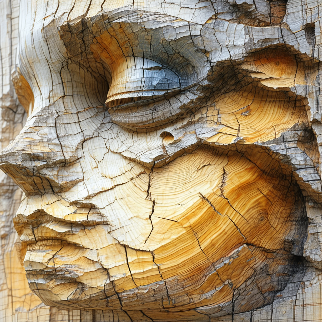 Wooden carving of a face, with the eyes being the most pr...