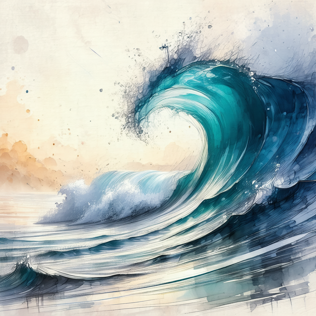 Painting of a large wave crashing into the ocean