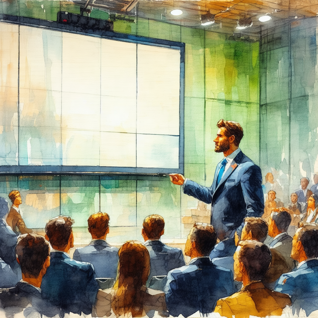 Painting of a man giving a presentation in front of a gro...