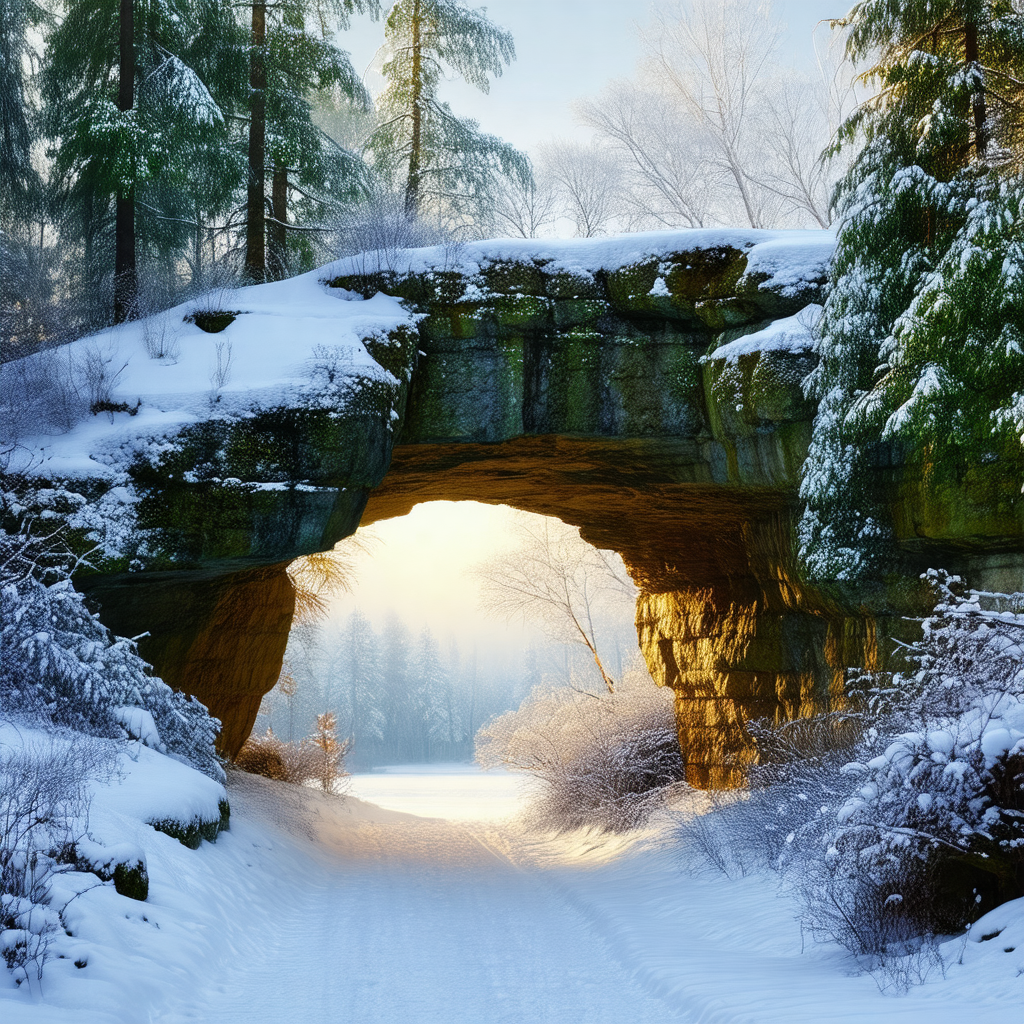 Snowy landscape with a rocky bridge and a tunnel
