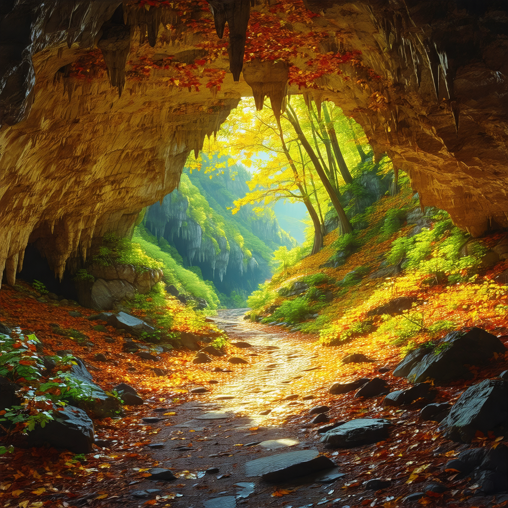 Beautiful forest scene with a path leading through a cave