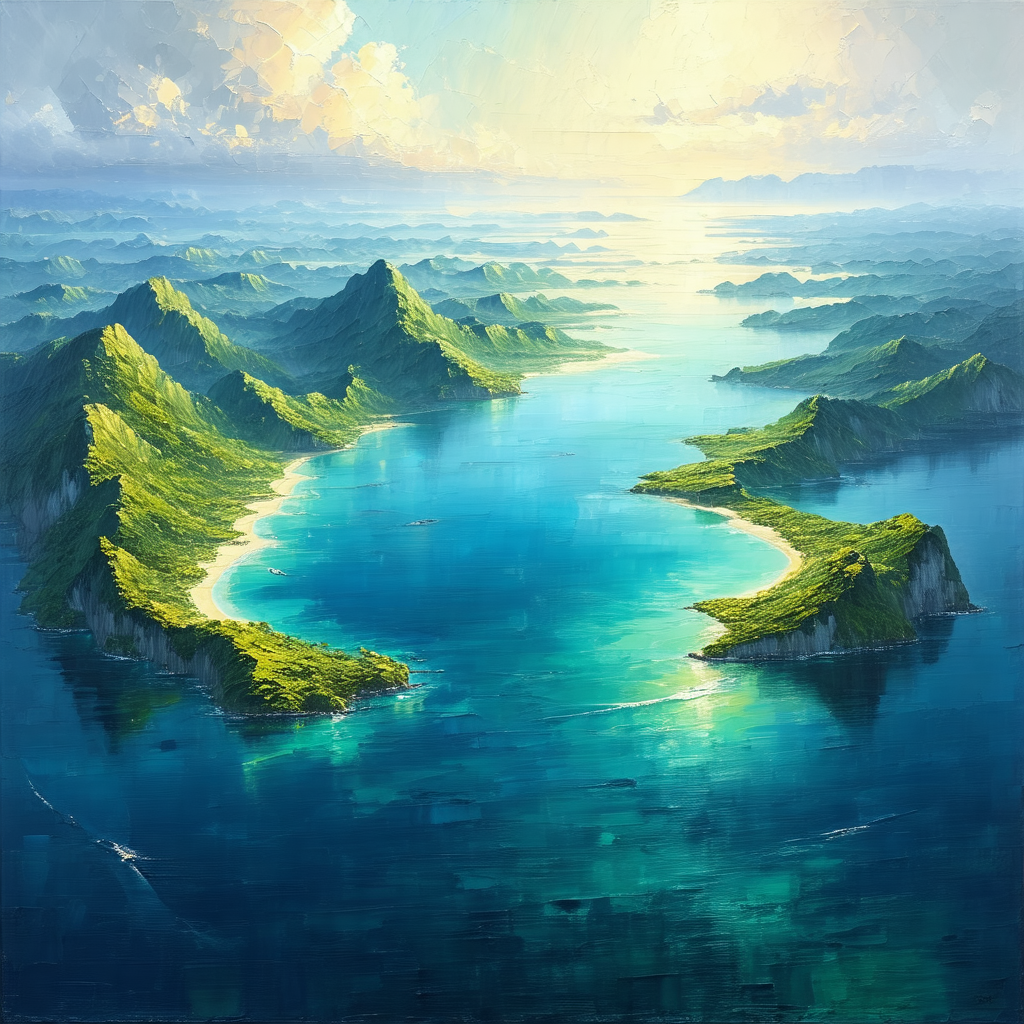 Painting of a beautiful island with a lush green landscape