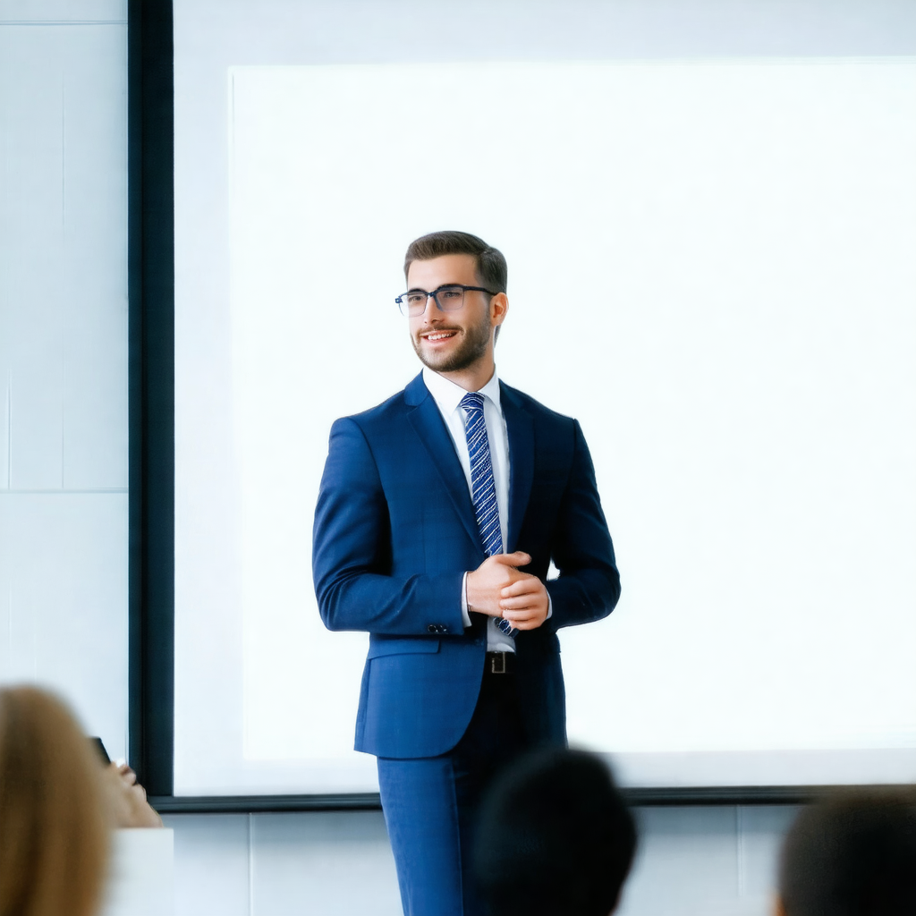 Man wearing a suit and tie, standing in front of a projec...