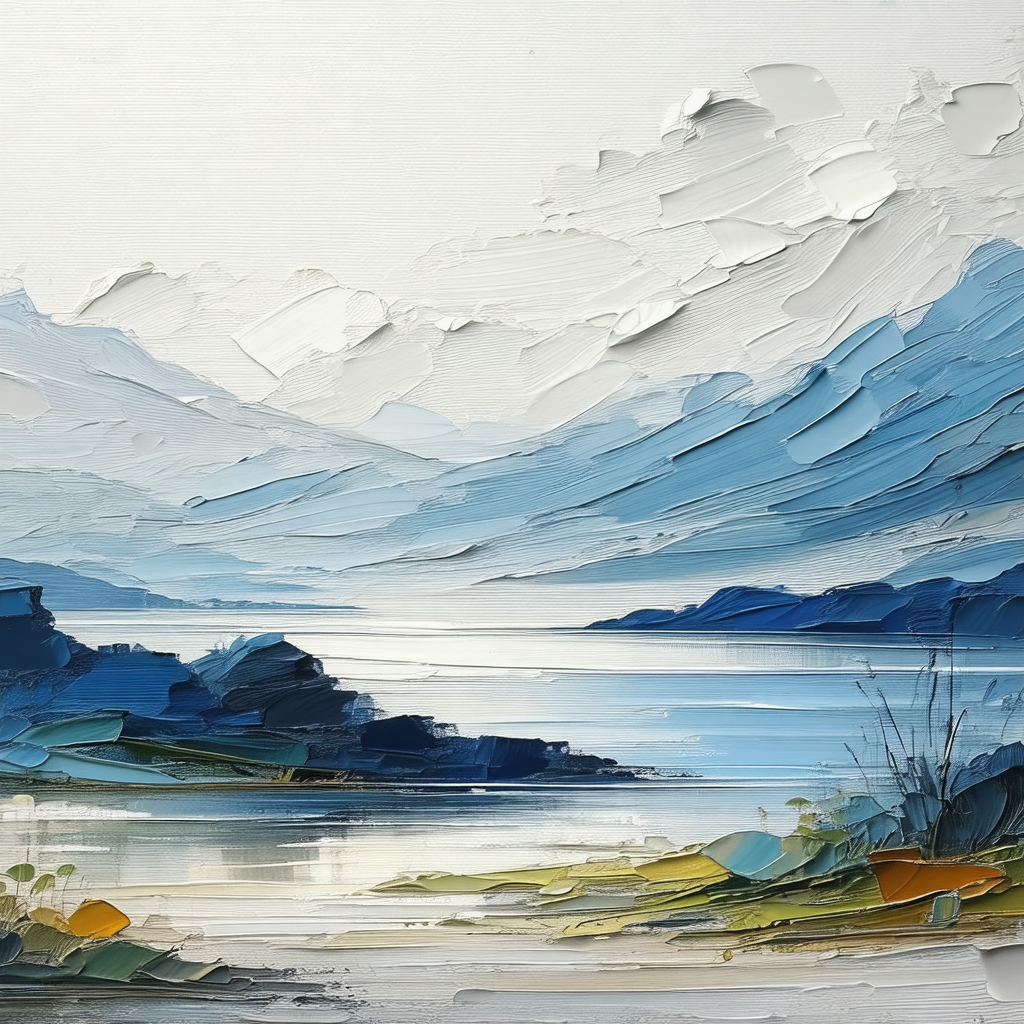 Painting of a mountainous landscape with a large body of ...