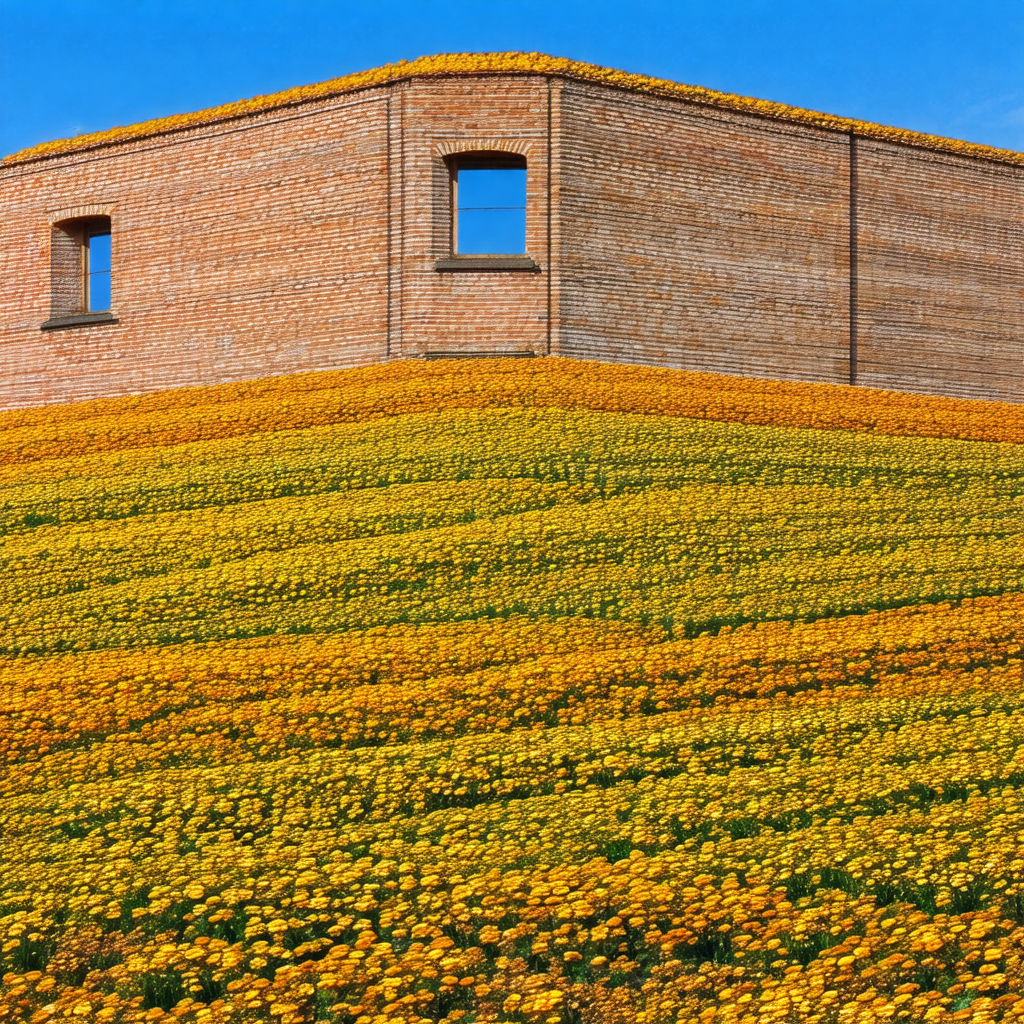 Large brick building with a unique roof covered in yellow...