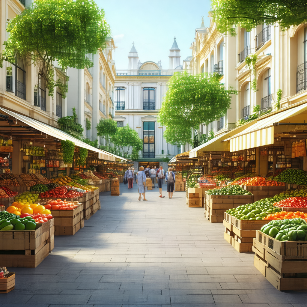 Bustling outdoor market filled with people shopping for f...