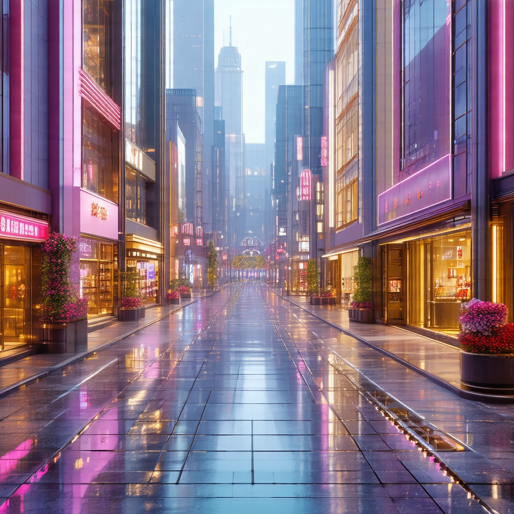 City street at night, with a rain-soaked sidewalk reflect...