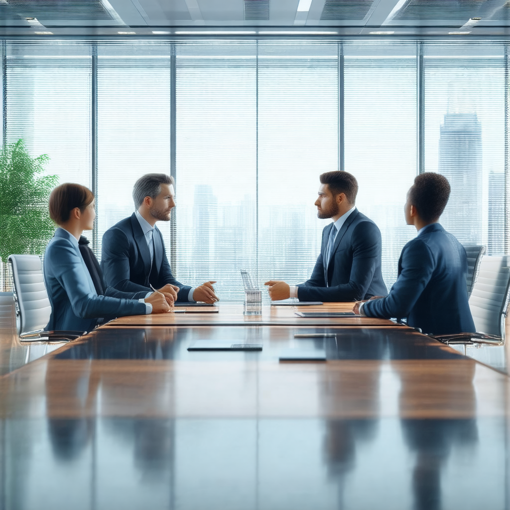 Group of four business people sitting around a large wood...