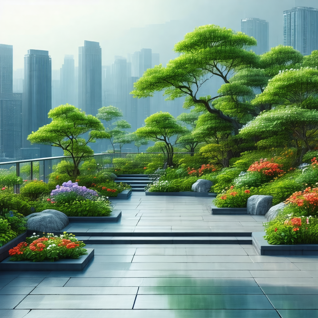 Large city with a beautiful garden in the middle of it
