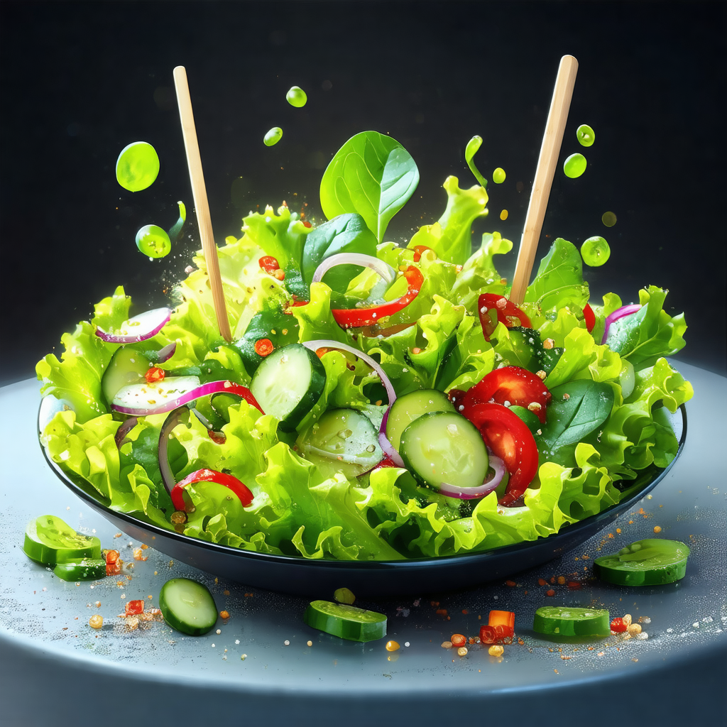 Large bowl filled with a fresh salad, including lettuce, ...