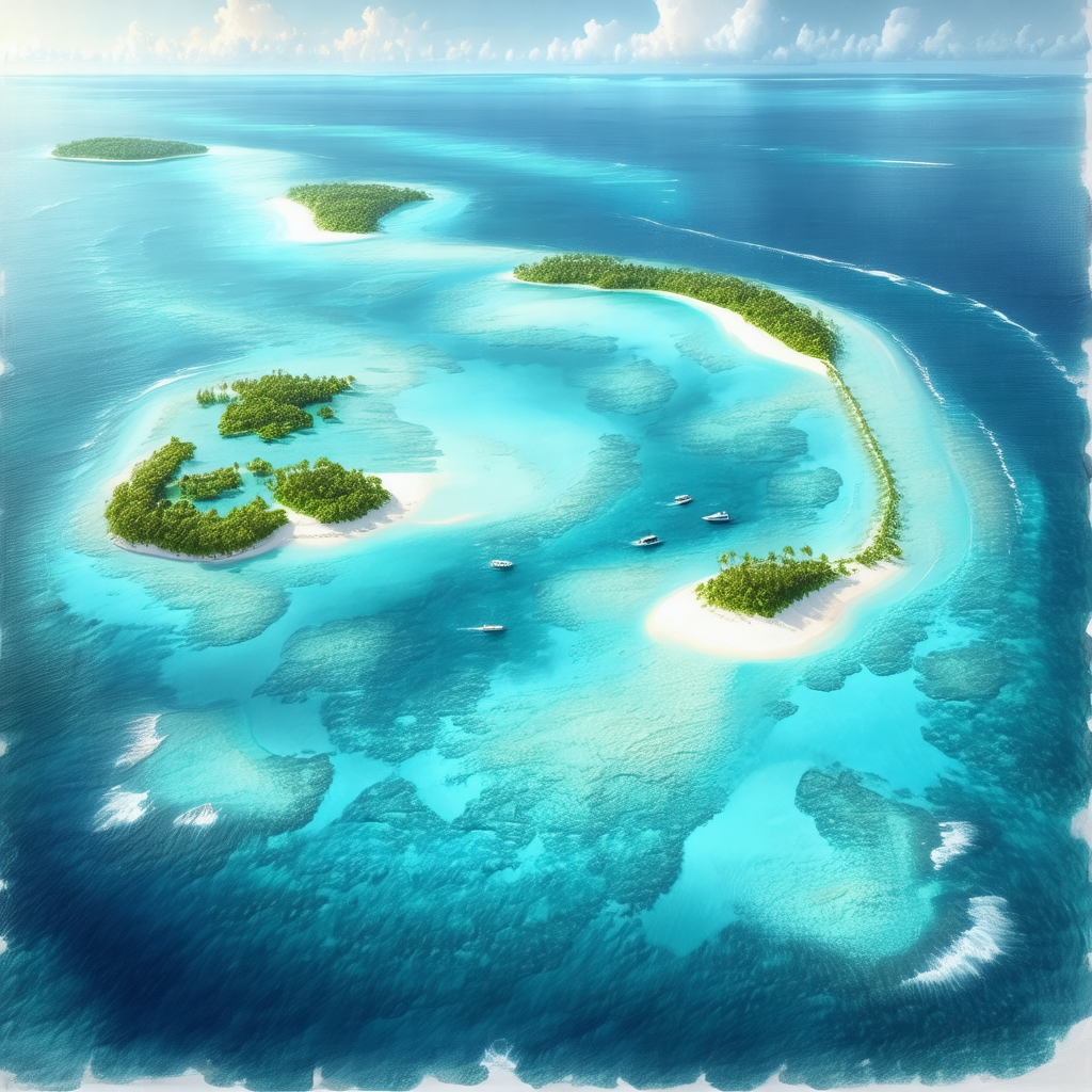 Painting of a tropical island with a sandy beach and a la...