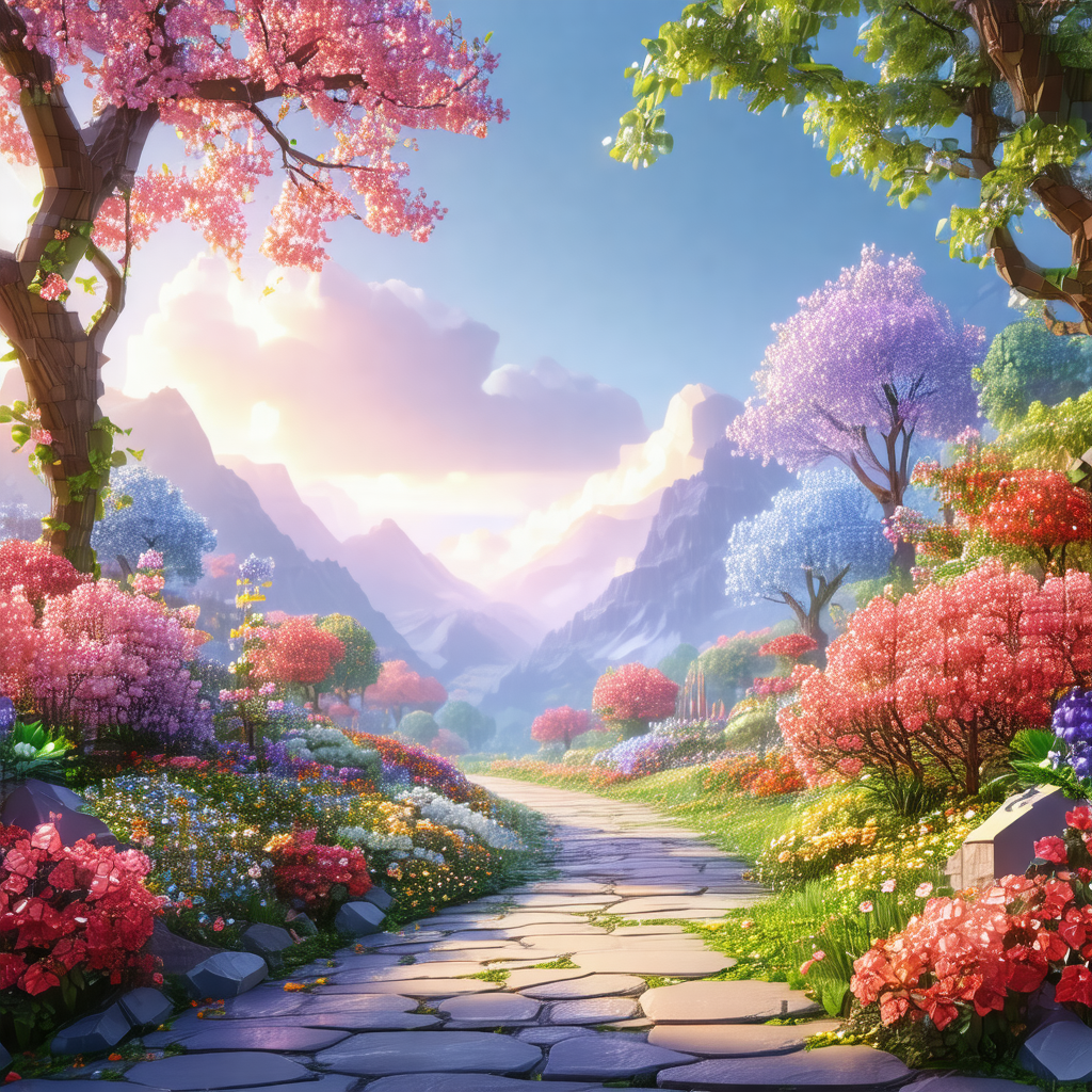 Colorful and vibrant painting of a forest path surrounded...