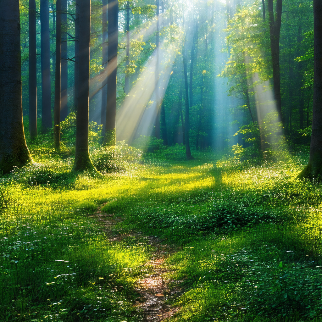 Serene forest scene with a pathway leading through the woods