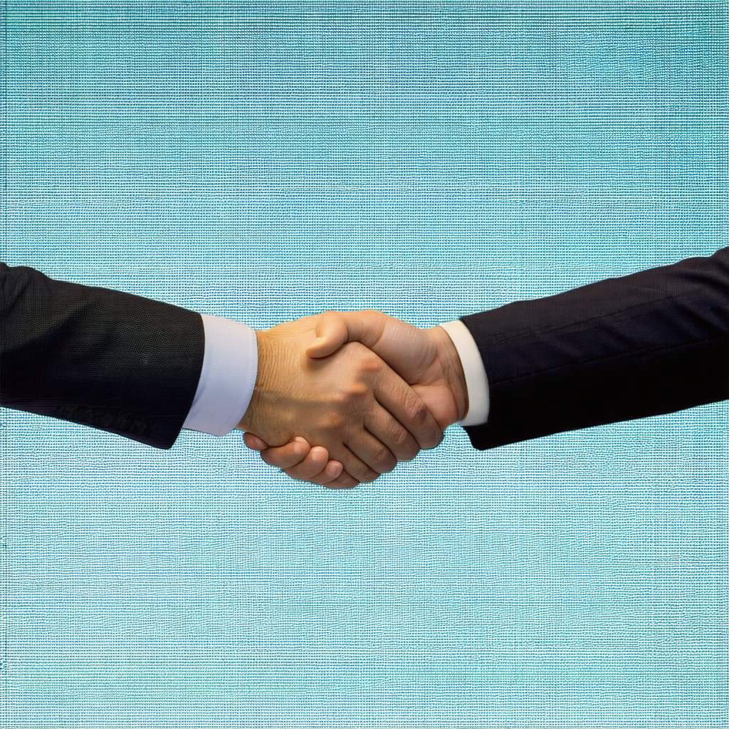 Two men shaking hands in a blue room