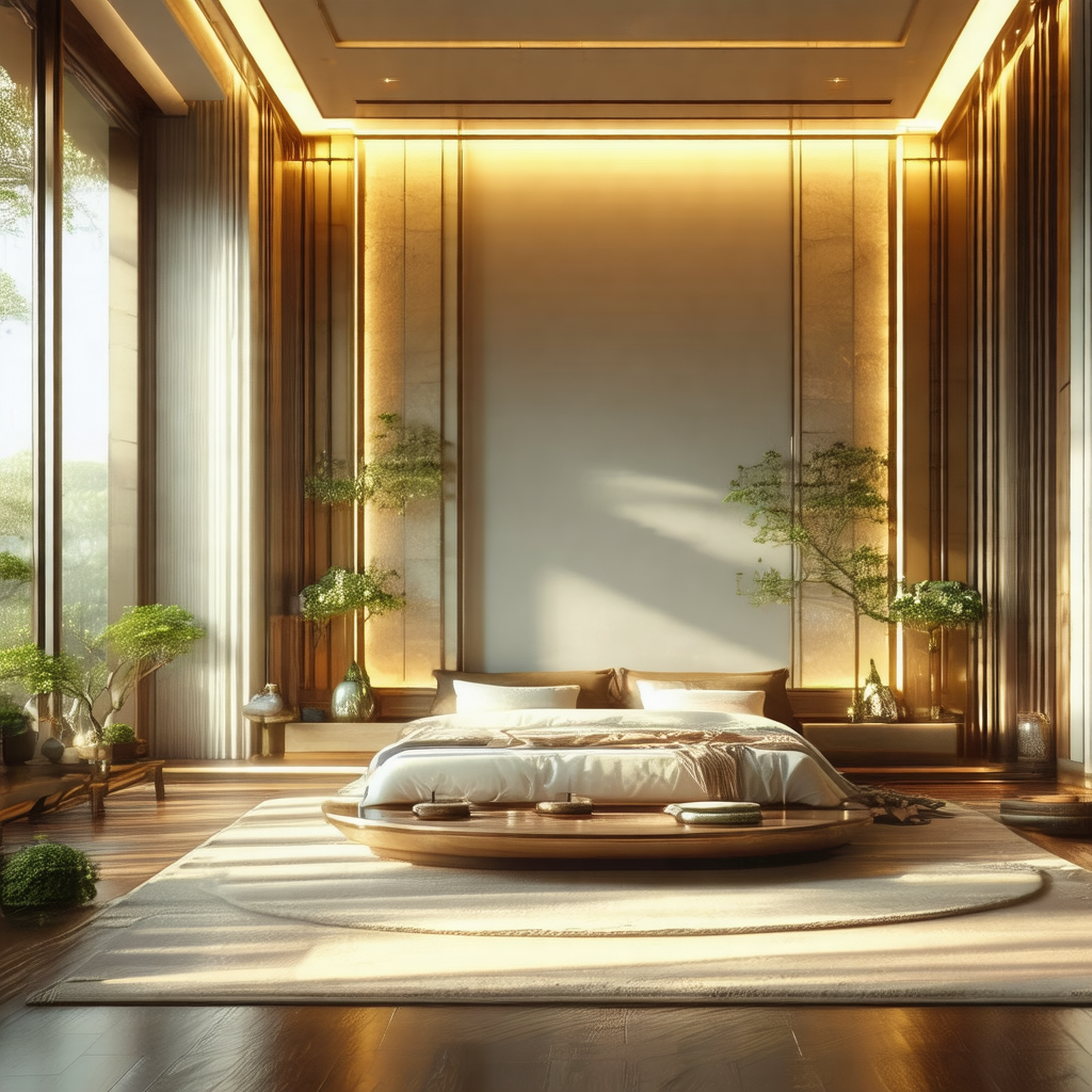 Large, luxurious bedroom with a bed placed in the center ...
