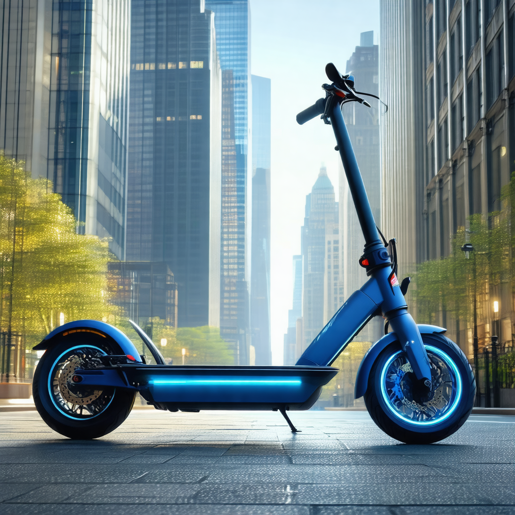 Futuristic blue scooter parked on a city street