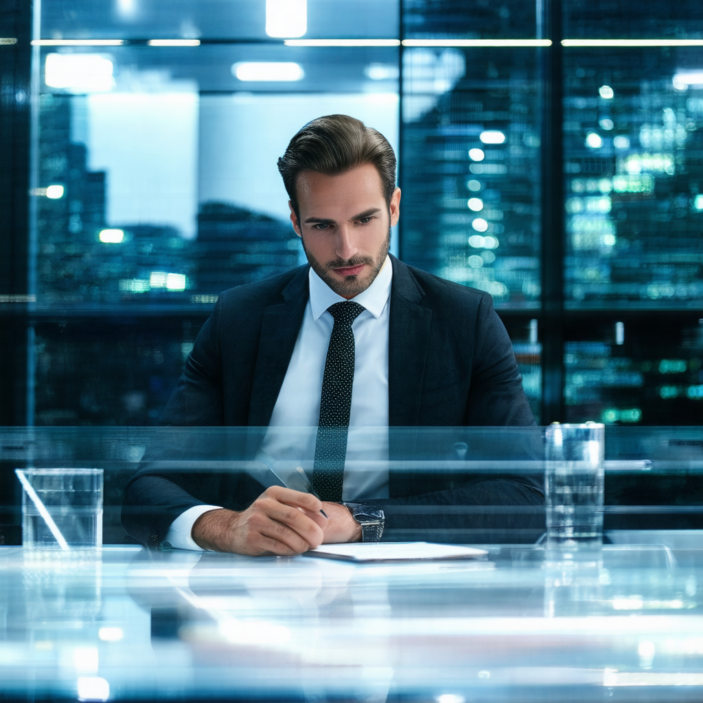 Man wearing a suit and tie, sitting at a desk in a well-l...