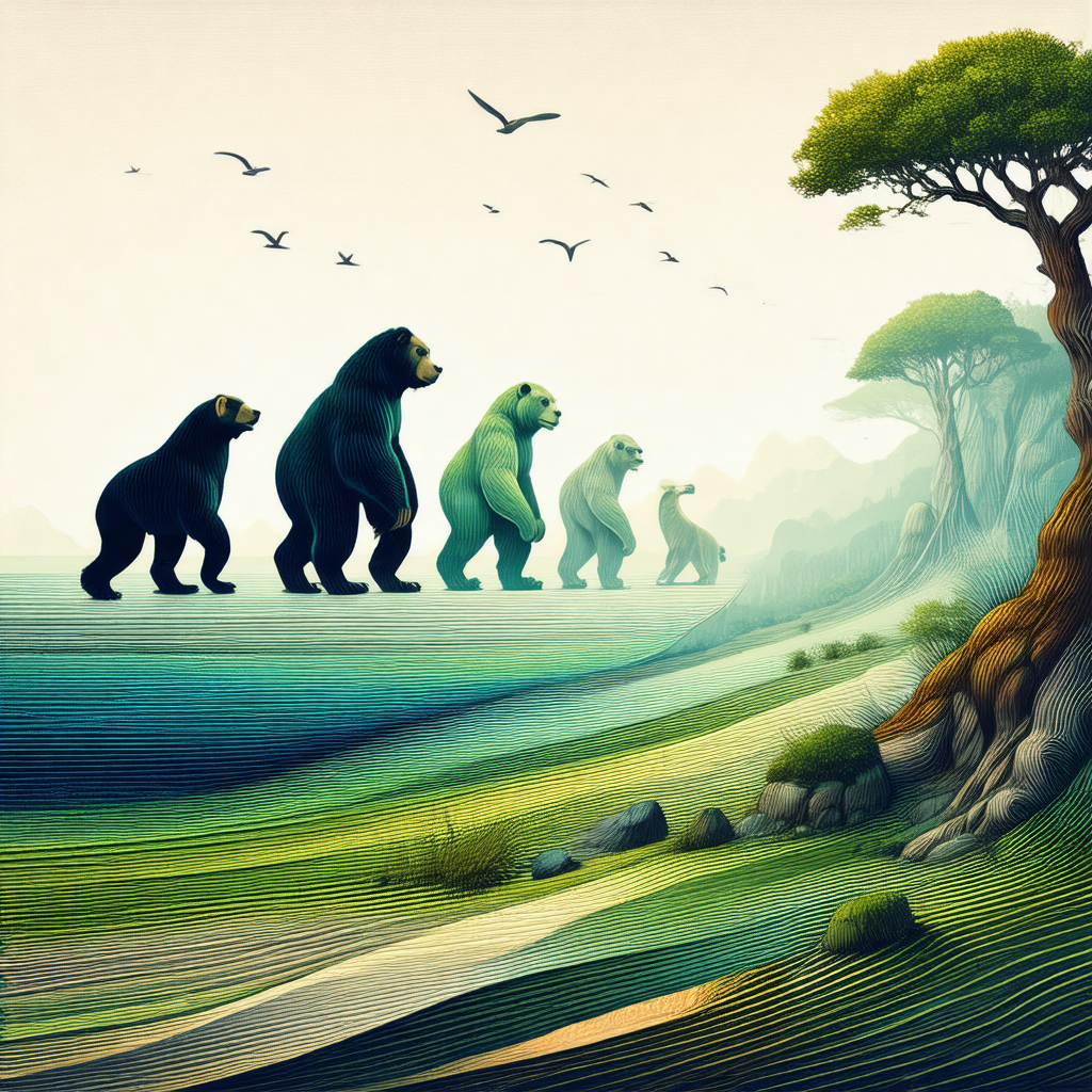 Painting of a group of five bears walking across a lush g...