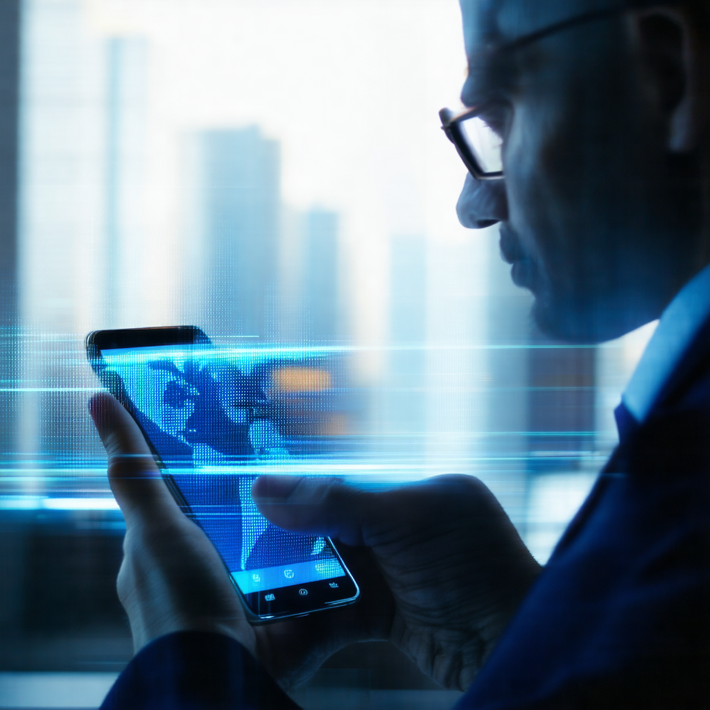Man wearing a suit and tie, holding a cell phone in his hand