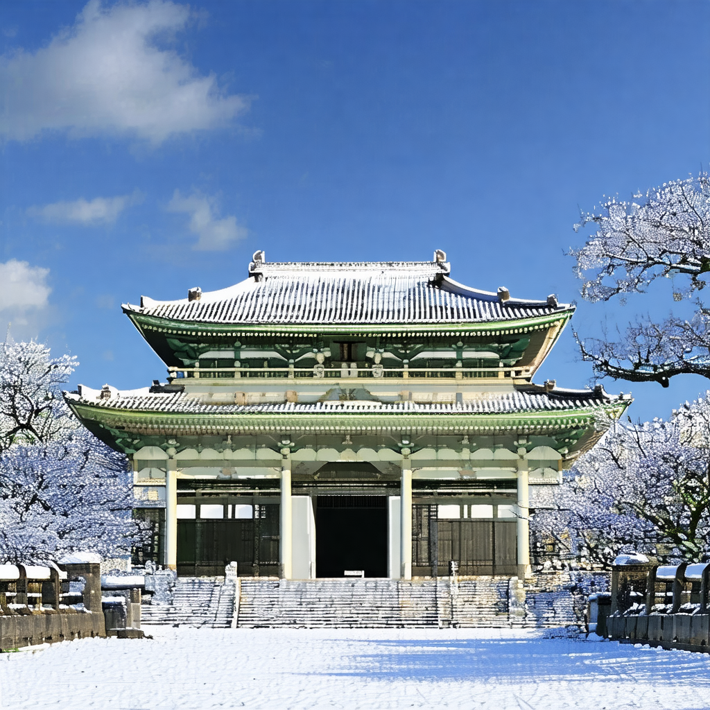 Large, snow-covered building with a distinctive roof