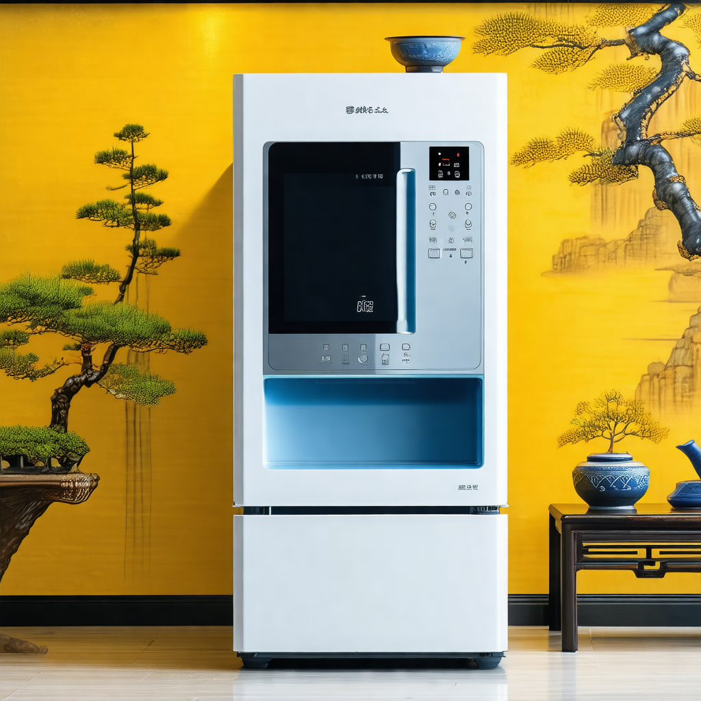 White and blue refrigerator with a microwave oven on top ...