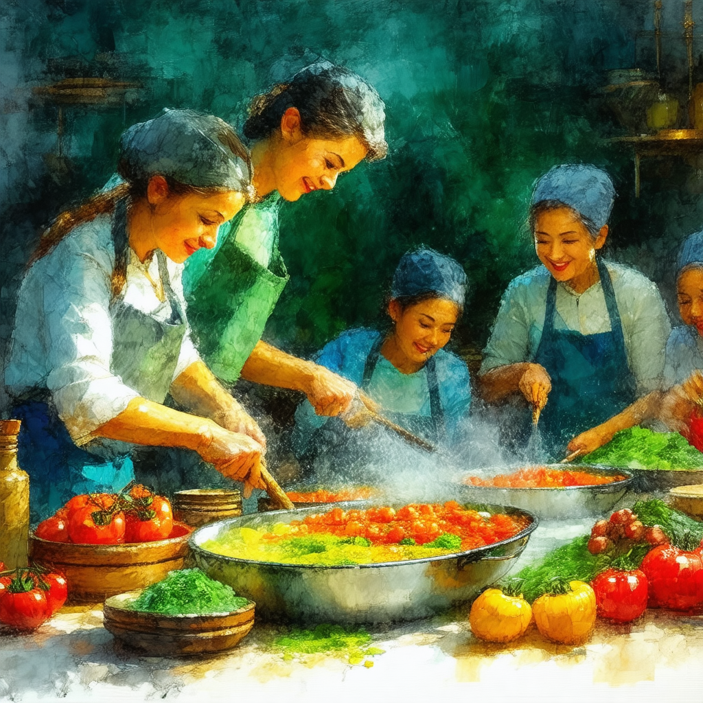 Group of women gathered in a kitchen, preparing food toge...