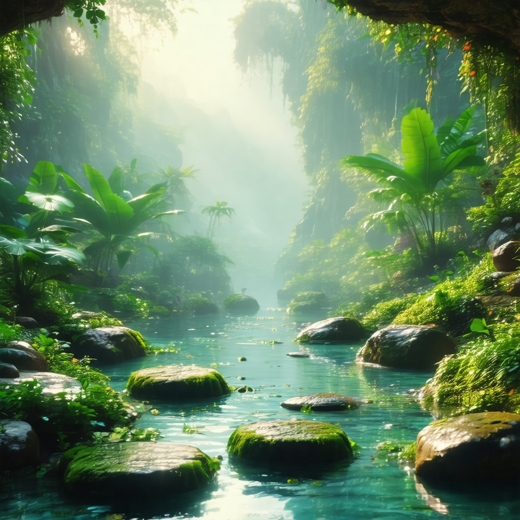 Serene scene of a river flowing through a lush, tropical ...
