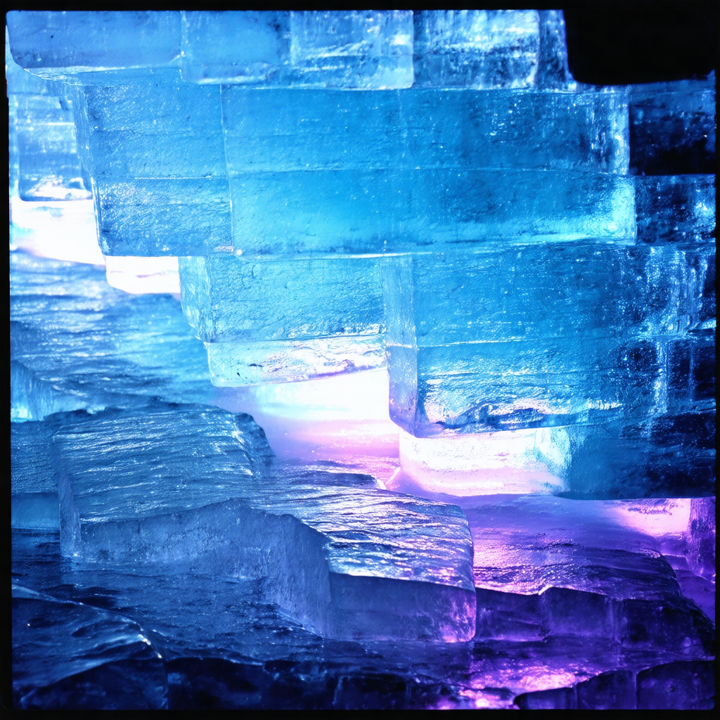 Large, colorful ice sculpture that resembles a jagged, bl...
