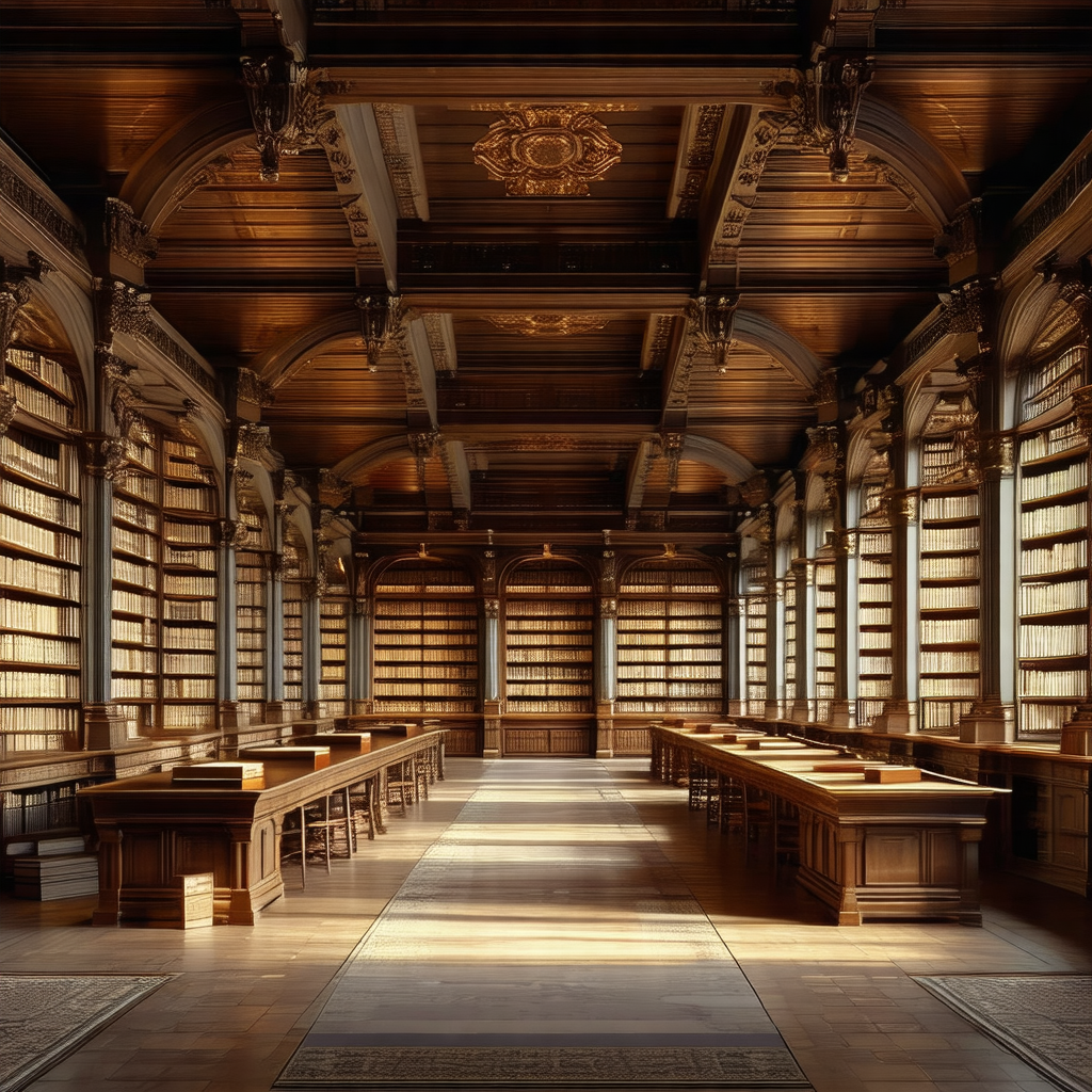 Large, ornate library filled with numerous wooden tables ...
