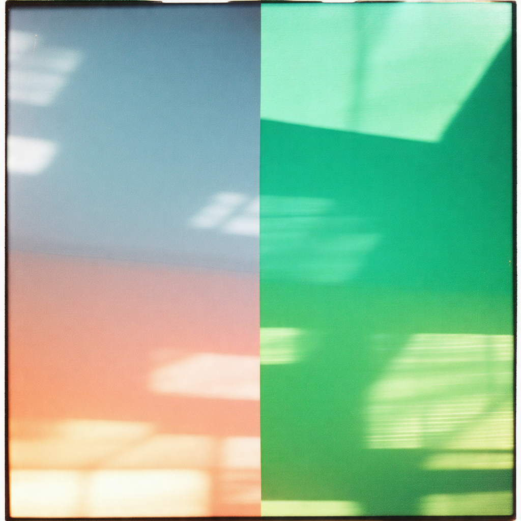 Split-screen photo of a room with a green wall and a blue...