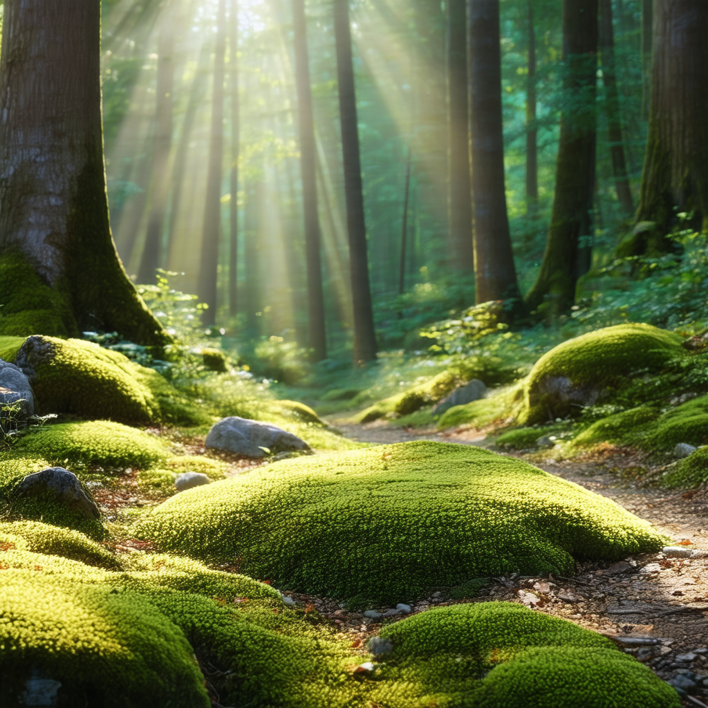 Serene forest scene with a pathway leading through the woods