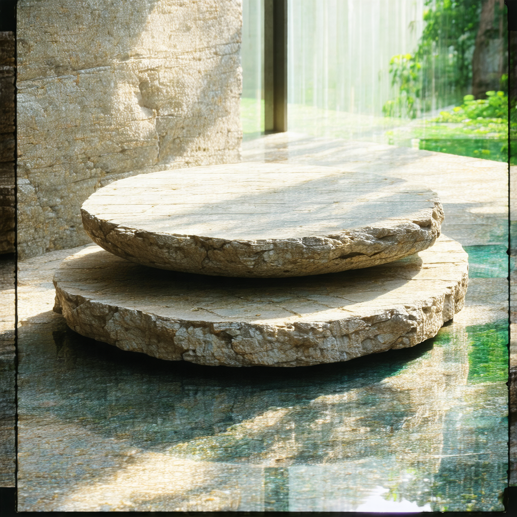 Large, round stone placed on a glass table