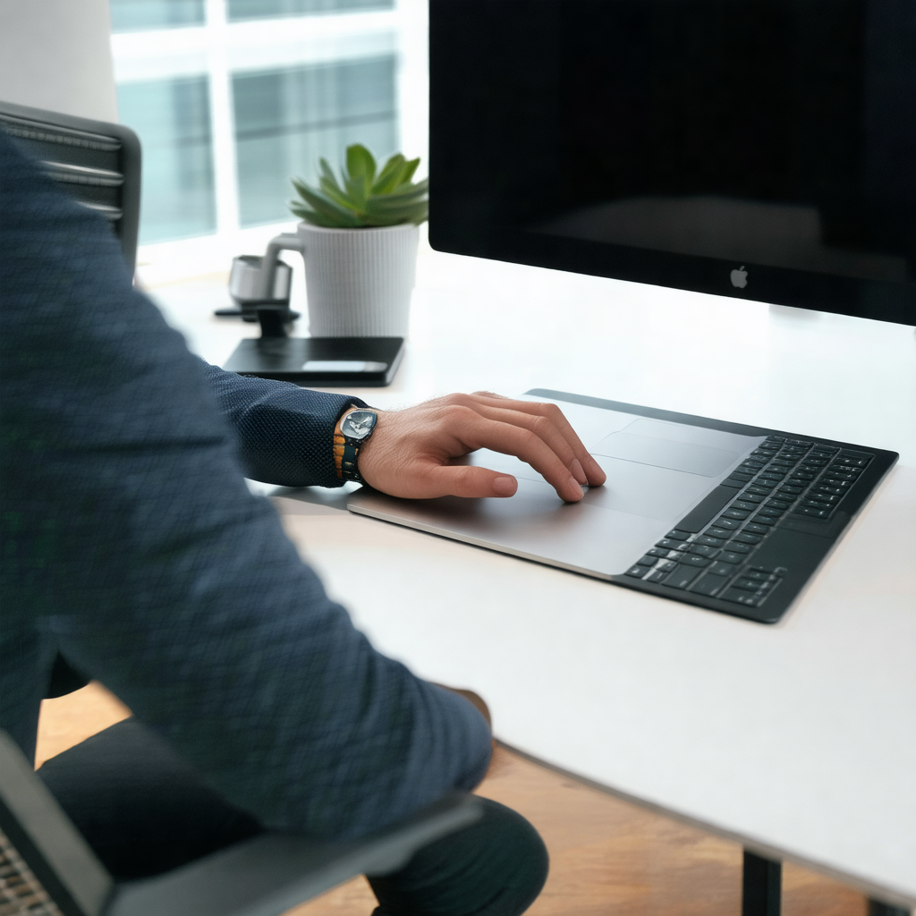 Man sitting at a desk, working on a laptop computer