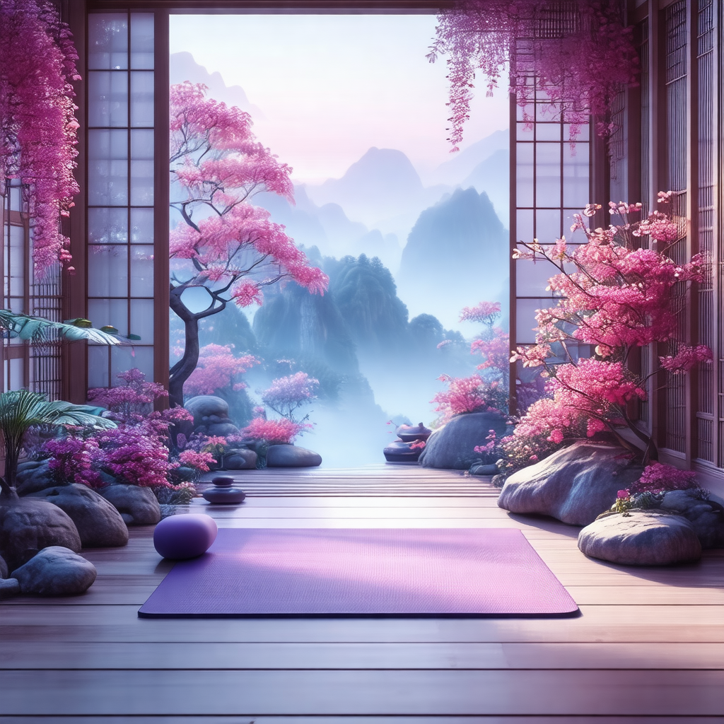 Painting of a room with a purple floor and a purple rug