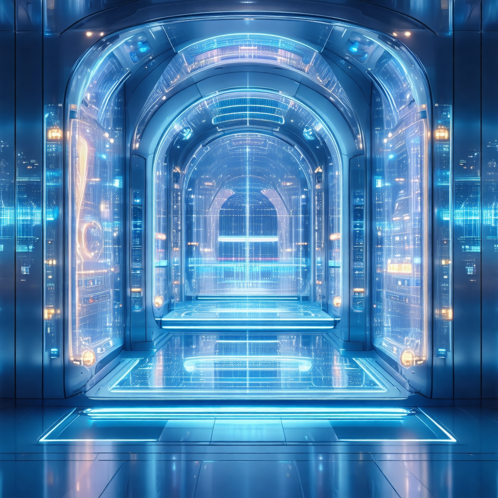 Futuristic room with a blue-lit hallway