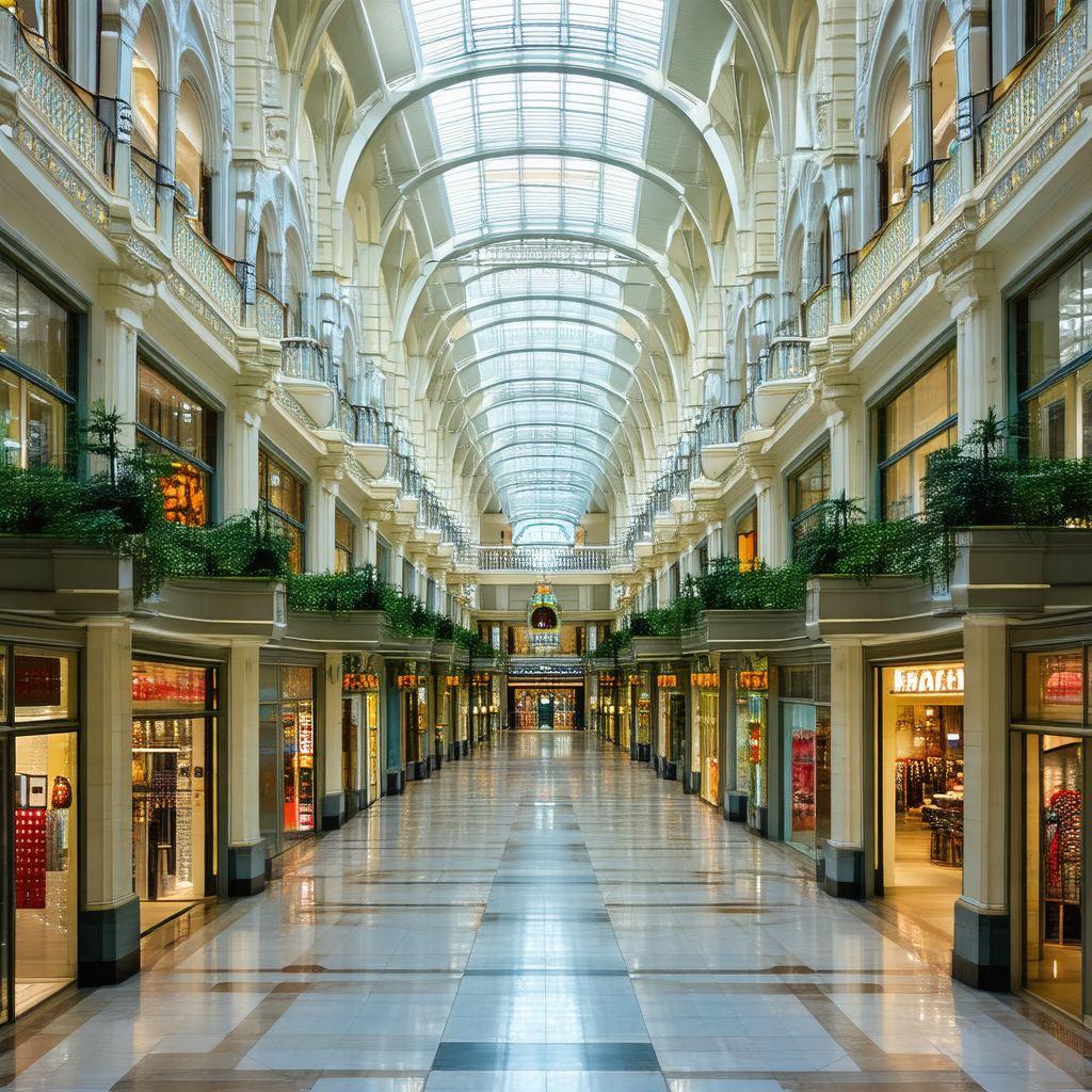 Large, open, and well-lit shopping mall with a high ceiling
