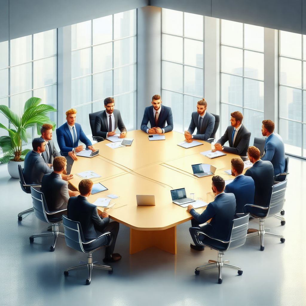 Group of men dressed in suits, sitting around a large woo...