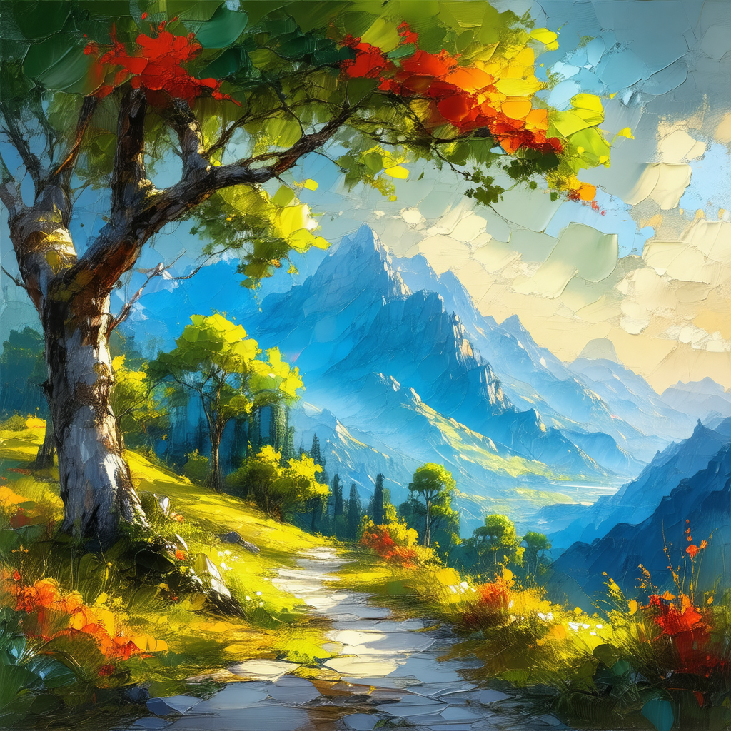 Painting of a beautiful mountain landscape with a path le...