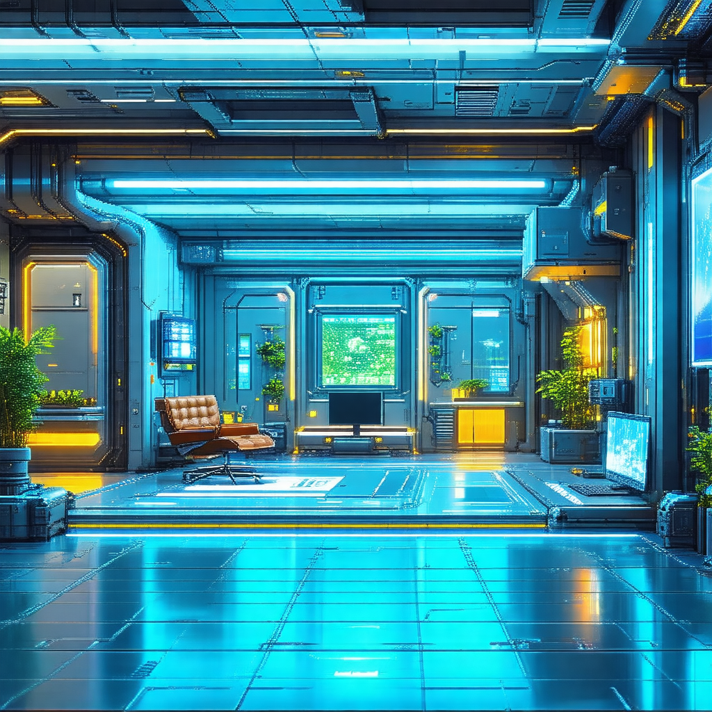Futuristic, blue-lit room with a large window