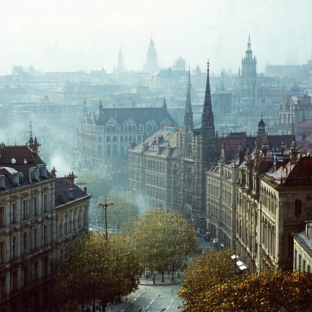Black and white photograph of a city street with a large ...