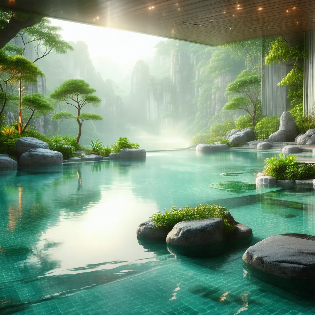 Beautiful garden with a large pond surrounded by rocks