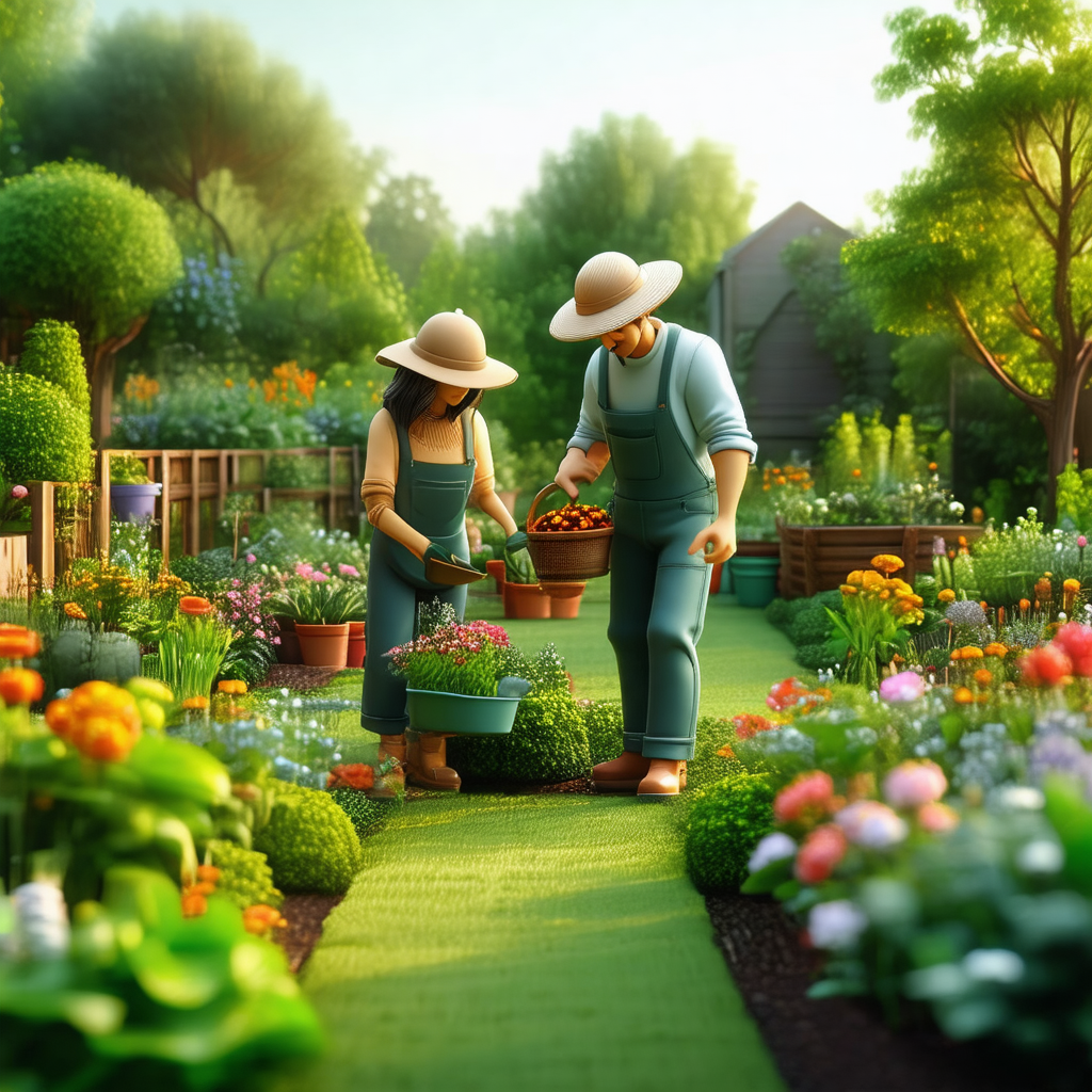 Man and a woman working together in a garden