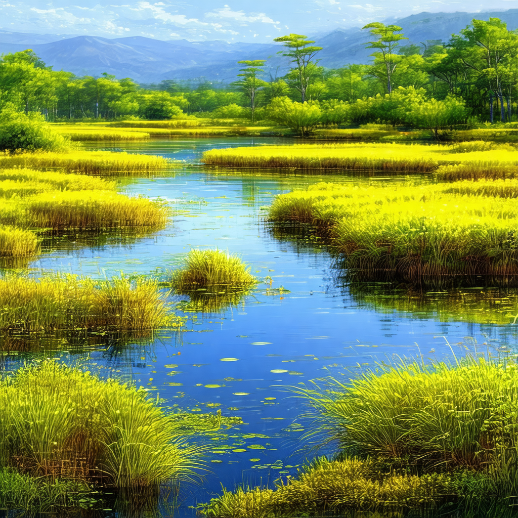 Serene scene of a river flowing through a lush green field