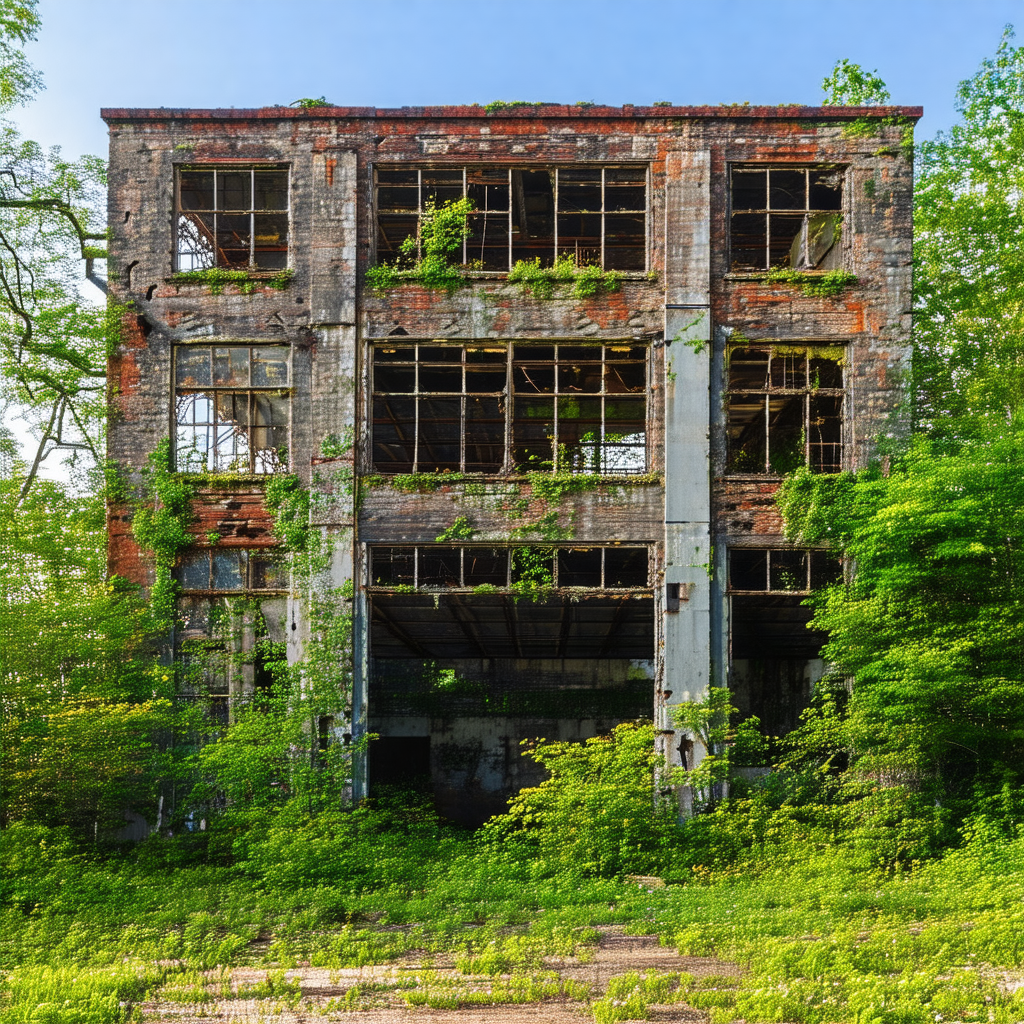 Large, old, and abandoned building with a brick exterior