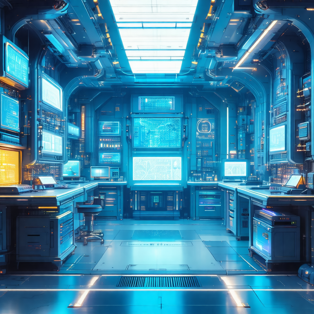 Futuristic computer lab with a blue and white color scheme